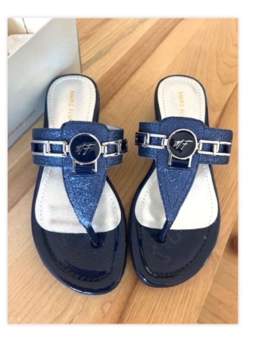 Marc Fisher Amina 2 Blue Metallic Sandals Women's Size 6.5M Wedge Slide NIB